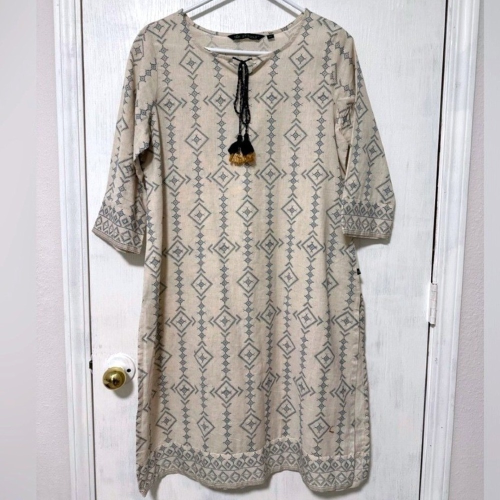 Avaasa Women's Size L Beige Blue Geometric Print Tassel Tie Neck Tunic Dress